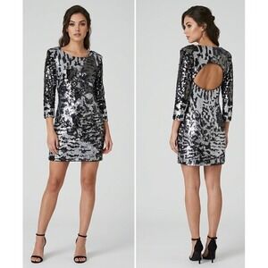 Whistles Sequin Mini Dress Black‎ Silver Abstract Open Back 3/4 Sleeve US 4 UK 8